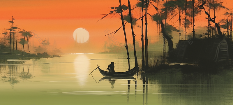 中国风彩色泼墨水墨山水画晚霞落日时分湖泊上坐着一个人的小船岸边的竹子竹林端午节插画背景,插画/手绘图,插画/手绘图库,插画/手绘图下载,插画/手绘